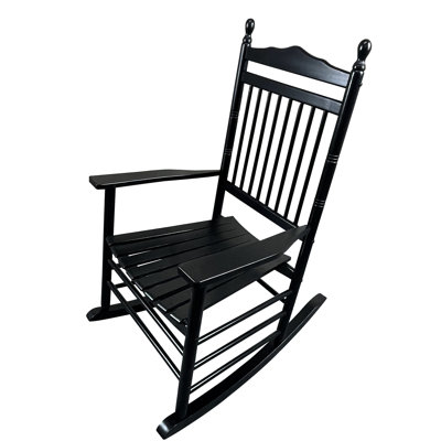Chaise berçante noire pour porche de balcon pour adulte - fabriquée en bois franc massif avec un siège et un accoudoir protégés et agréables. Dossier à lattes robuste. Assemblage facile inclus.