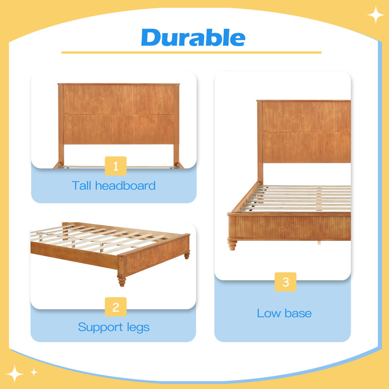 Base de lit plateforme avec tête de lit, grand lit en bois naturel, aucun sommier requis, Queen, Naturel