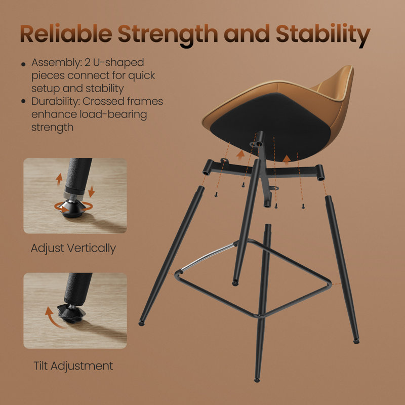 Borna Synthetic Leather Counter Height Bar Stools With Back (Set Of 4), Caramel Brown, Counter Stool (24.4" Seat Height)