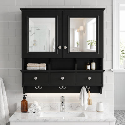 24'' Modern Wall-Mounted Medicine Cabinet in Black with Drawers & Organizer Hooks, High-Define Mirrors with Storage