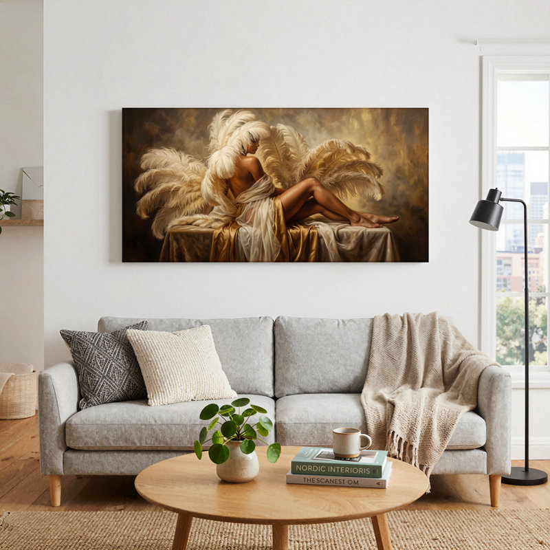 Ensemble de 1 tableau sur toile représentant un ange à plumes, 46“W x 24”H, Toile tendue