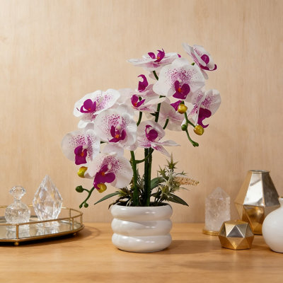 Orchidée artificielle Real Touch dans un vase en céramique - Arrangement floral faux phalaenopsis réaliste pour mariage