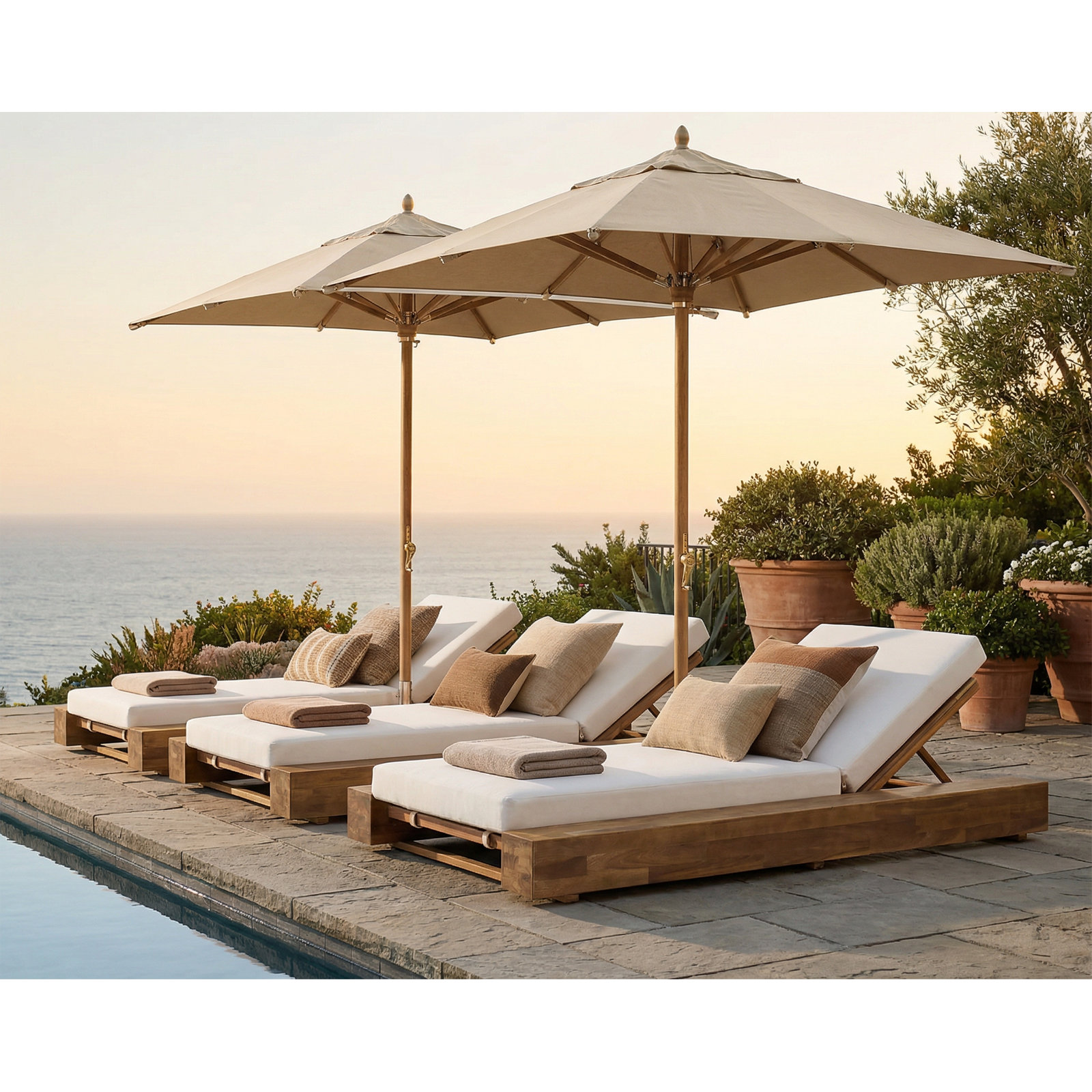 Donnie 39" Acacia Patio Chaise Lounge Set, Sandblast Teak Frame/Cream Cushion, 2