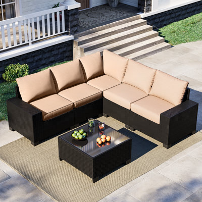6 Pieces Outdoor Patio Furniture Set, With Cushions And Glass Coffee Table, Pe Rattan Outdoor Wicker Sectional Furniture Sofa Set