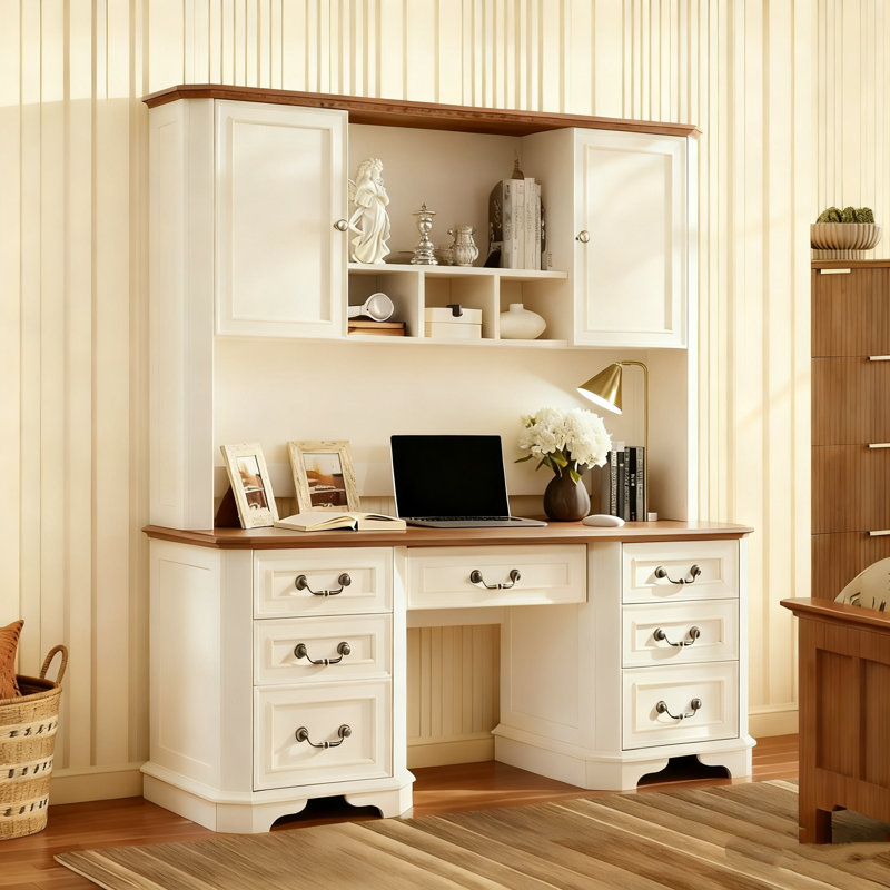 59"farmhouse Wood Executive Desk With 2 Storage Cabinet,home Office Desk With Charging Station,file Cabinet Storage