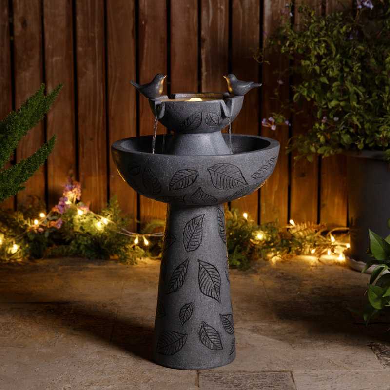 26"H 2-Tiered Birdbath Polyresin Outdoor Fountain with Birds, Pump and LED Light (KD)