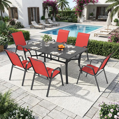 Outdoor Dining Set For 6,7Pcs Patio Table And Chairs Set With Adjustable Umbrella Hole,Heavy Duty 63”X37.8” Metal Dining Table And Stackable Patio Chair For Yard, Garden, Porch,Red
