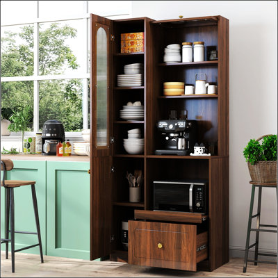 Farmhouse Kitchen Pantry Cabinet with Multi-Functional Pull-Out Shelves, 3 Doors, and Organizers for Efficient Storage