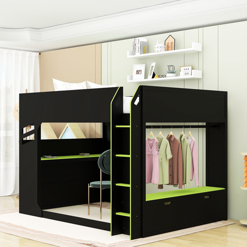 Full Size Loft Bed With Charging Station, Height-Adjustable Desk, RGB Light Strip And Drawers, Green