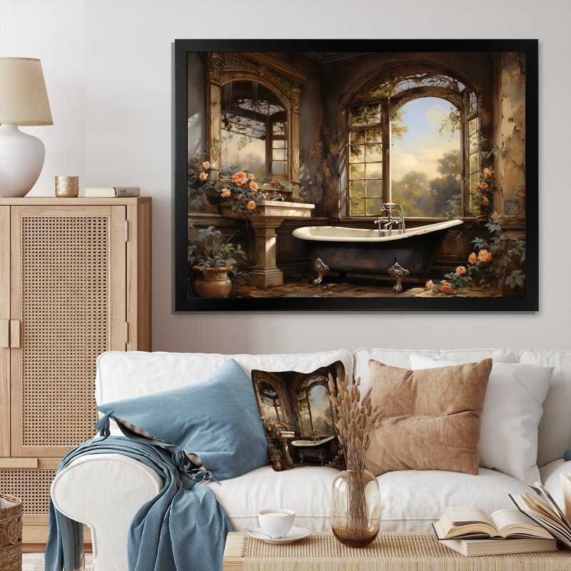 «Bathroom Vintage Elegance I» - Art mural de salle de bain, H 12 po x l 20 po x P 1 po, Cadre simple noir