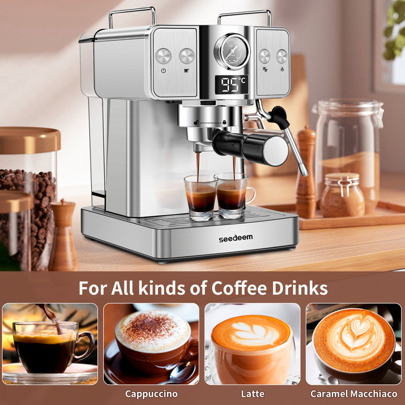 Machine à espresso en acier inoxydable avec mousseur à lait et réservoir d'eau amovible de 1,8 L (60 oz liq.), Argent