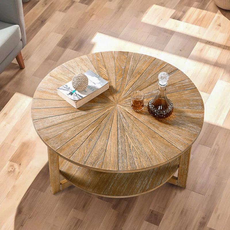 Millwood Pines Arvide Round Coffee Table with Storage Shelf, Farmhouse Rustic Solid Wood Living Room Table with Open Lower Shelf, Light Brown Top/Light Brown Base