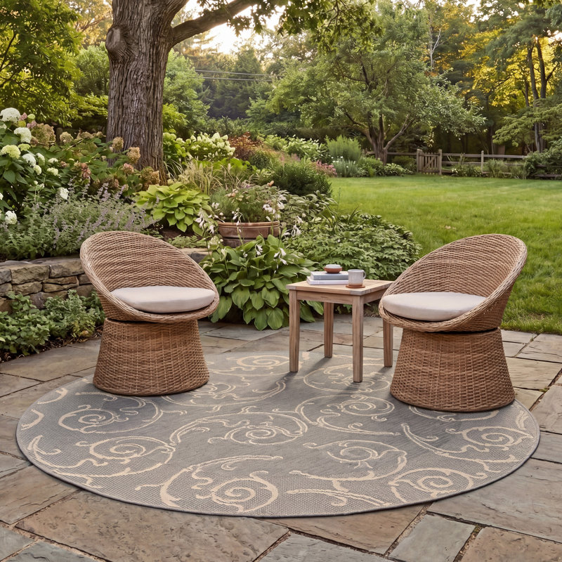 Tapis gris intérieur / extérieur Mullen, Rond 5 pi 3 po