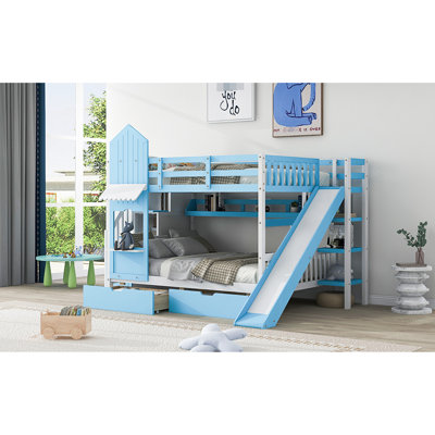 Lit superposé de style avec 2 tiroirs, 3 tablettes et glissière en bleu, fabrication en bois de pin massif, haute stabilité, convient aux enfants de plus de 6 ans, glissade bleue extra amusante, bois de pin, sans sommier