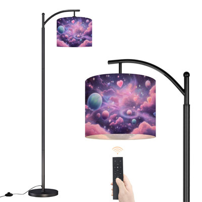 Arc Floor Lamp Colorful Cosmic Planets Floating Among Pink Clouds Heart Shaped Stars Floor Lamps with Remote LED Lights Adjustable Lamp Shades Tall Standing Lamps for Reading Office Living Room
