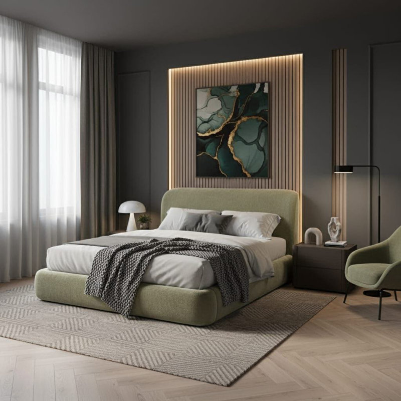 Lit plateforme tapissier avec mécanisme de rangement, tissu performant, Très grand, Vert