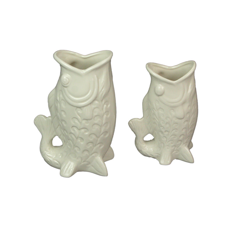 Ensemble de 2 vases décoratifs en forme de poisson en céramique blanc brillant Coastal, 6,75 pouces de hauteur