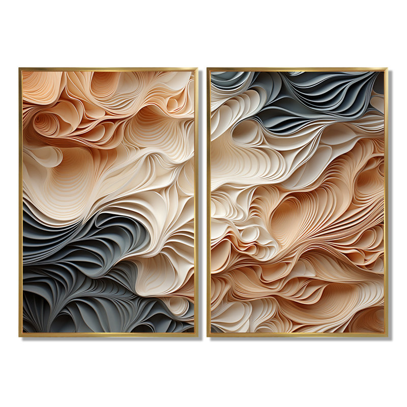 «Beige et orange Custards Collage I», art mural abstrait grand, H 36 po x l 48 po, Impression encadrée flottante, Doré