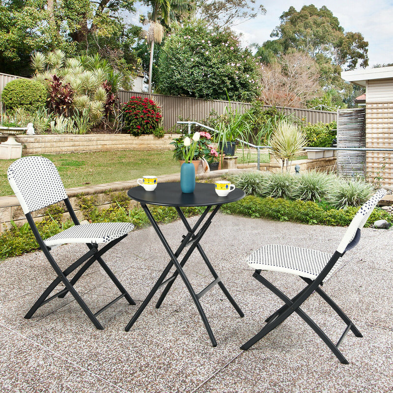 Black and White Rattan Folding Bistro Set with Round Table