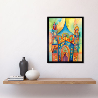 Jewish Synagogue Building Multicoloured Folk Art Watercolour Painting Art Print Framed Poster Wall Decor 12x16 inch