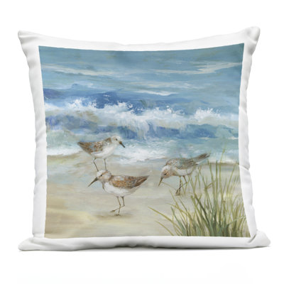 Beach Sandpiper Gathering Outdoor Printed Pillow design by Nan