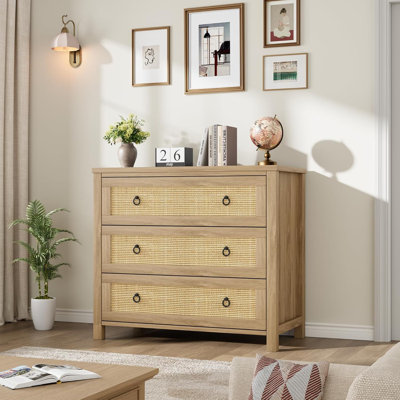Armoire de rangement en rotin de 29 po de hauteur à 3 tiroirs de style naturel pour chambre à coucher. Salon ou chambre de bébé