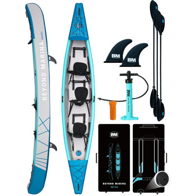 BEYOND MARINA Inflatable Kayak 3 Person Adult- Drop Stitch Triple Kayak | with Aluminum Paddles, Seats, Footrests, Pump, Fins, Mariner 15.1ft