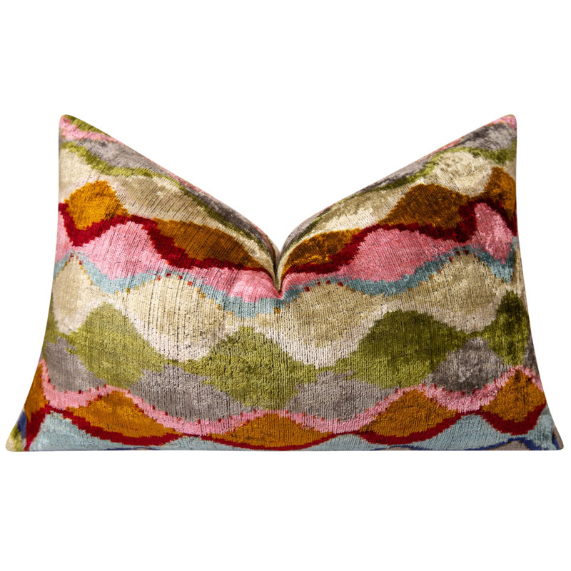 Luxury Handmade Silk Velvet Throw Pillow - 16X24 In, Multicolored Geometric Design With Down Feather Insert