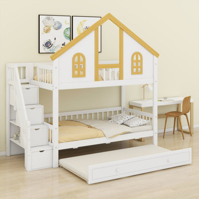 Functional Wooden House Bunk Bed with Trundle and Storage Staircase