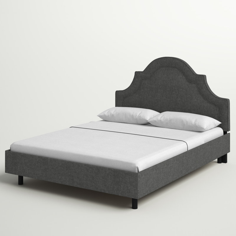 Lit plateforme tapissier Knipe, Lin gris anthracite texturé Zuma, Grand