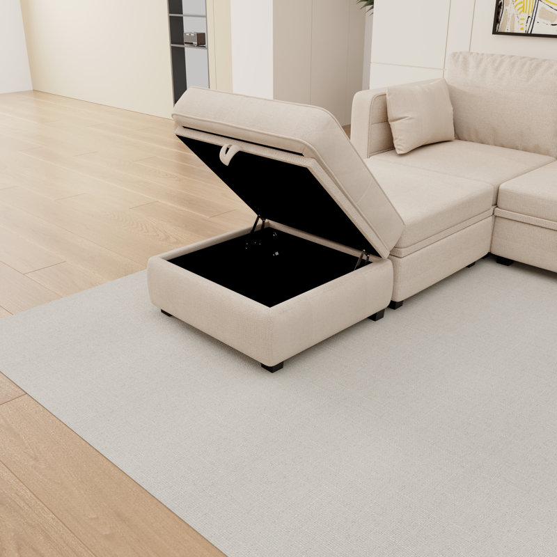 Ardenne 110“ Width U-Shaped Modular Couch with Reversible Chaise and Storage Seats, Beige 100% Linen