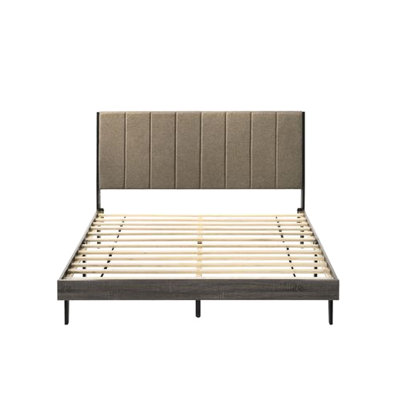Weathered Finish And Brown Fabric Queen Bed, Upholstery Hb, Low Profile Fb, 12 Slats Included For Support, No Box Spring Required, 8" Mattress Suitable, Wood Rubber Particle Board Veneer