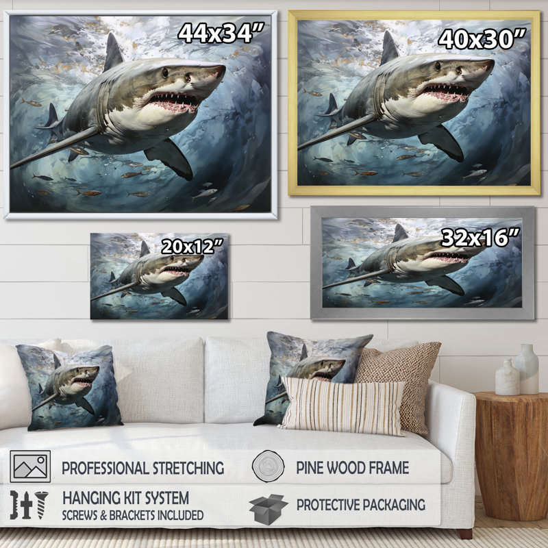 Requin gris «Silent Hunter II» - impressions de requins, Cadre flottant doré, H 12 po x l 20 po x P 1 po