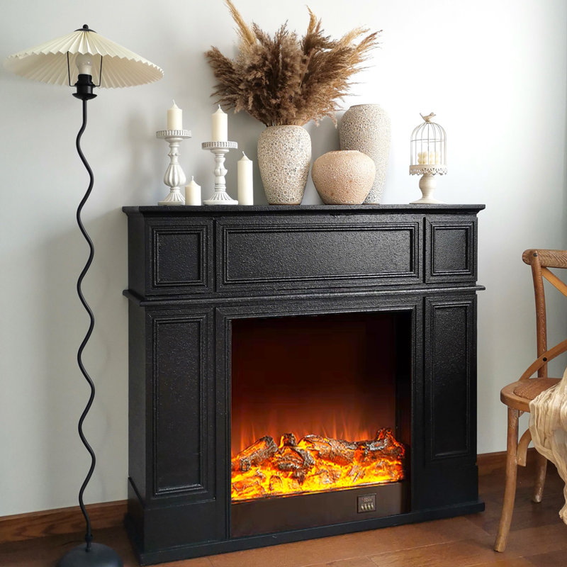 French retro decorative electric fireplace with simulated flames, Black, 39.37" H x 39.37" W x 10.63" D
