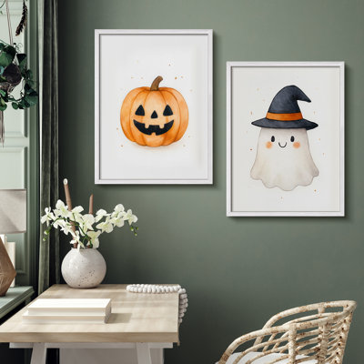 Adorable ensemble de 2 reproductions d'art encadrées citrouille et fantôme d'Halloween