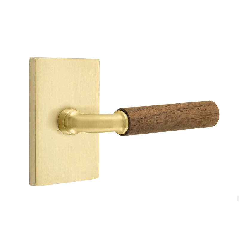 Emtek Select Dummy Leverset w/ Modern Rectangular Rosette & R-Bar Stem, Dark Walnut Handle, Satin Brass