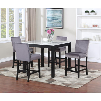 Table de salle à manger en marbre blanc avec 4 chaises en velours gris