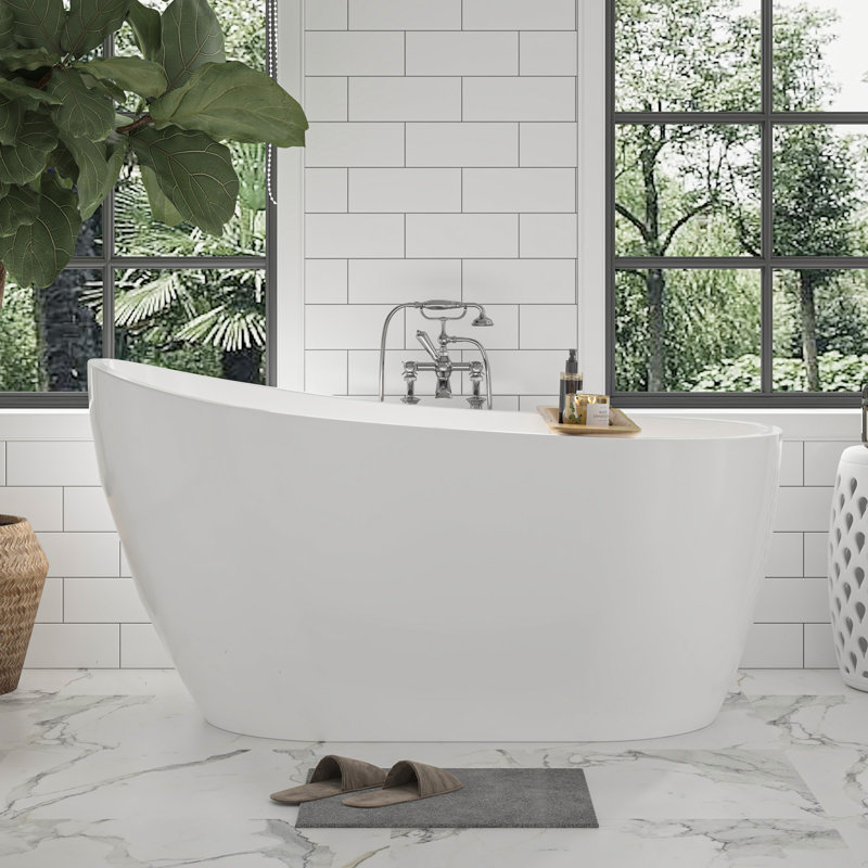 54" X 28" Freestanding Soaking Acrylic Bathtub, White/Polished Chrome