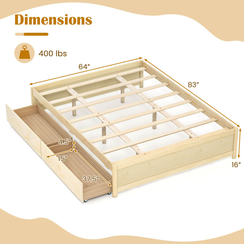 Queen Size Wooden Bed Frame with 2 Rolling Storage Drawers Wood Slat Support, Natural