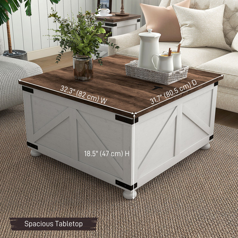 Table basse à plateau relevable avec couvercles rabattables, compartiments cachés, blanc