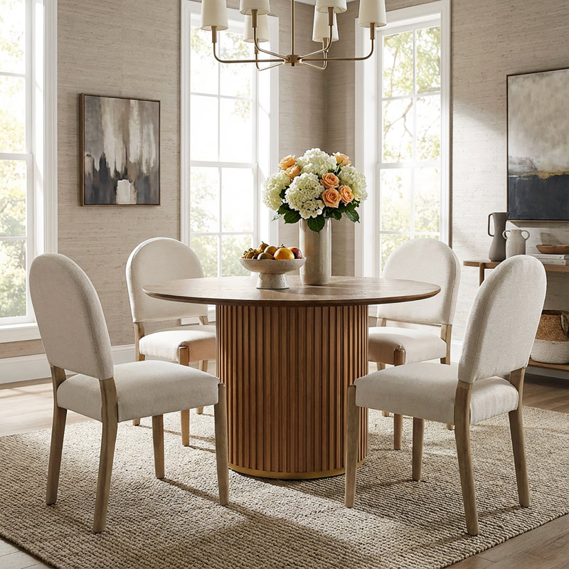 Logan 5-Piece Round Pedestal Dining Table Set With Upholstered Armless Dining Chairs, Light Ash