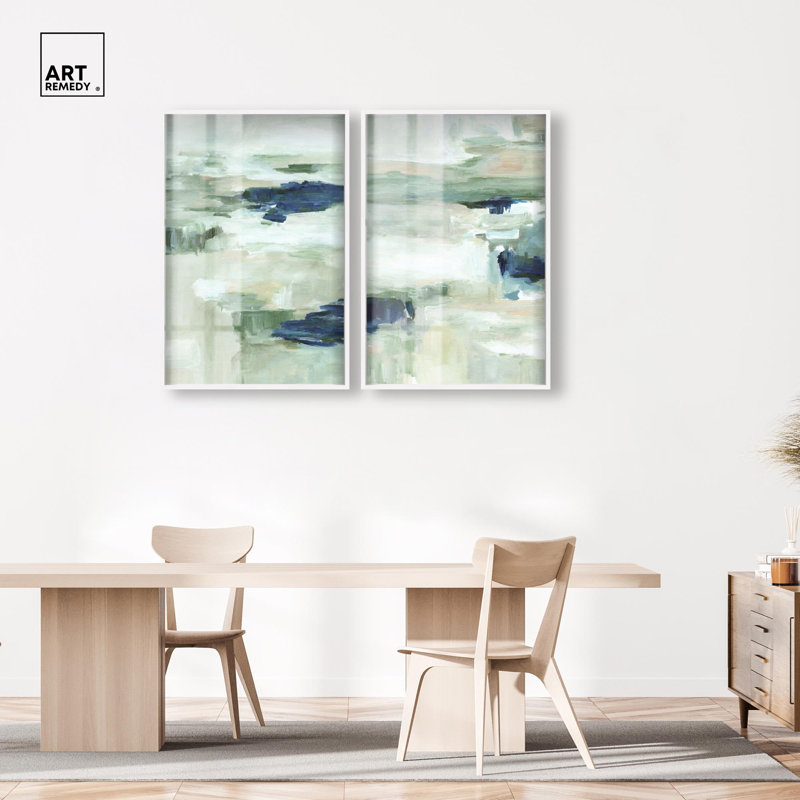Ensemble artistique « Misty Sea Duo Shadowbox » de Art Remedy, dans des tons de bleu et de sauge, cadre noir, 10 x 15