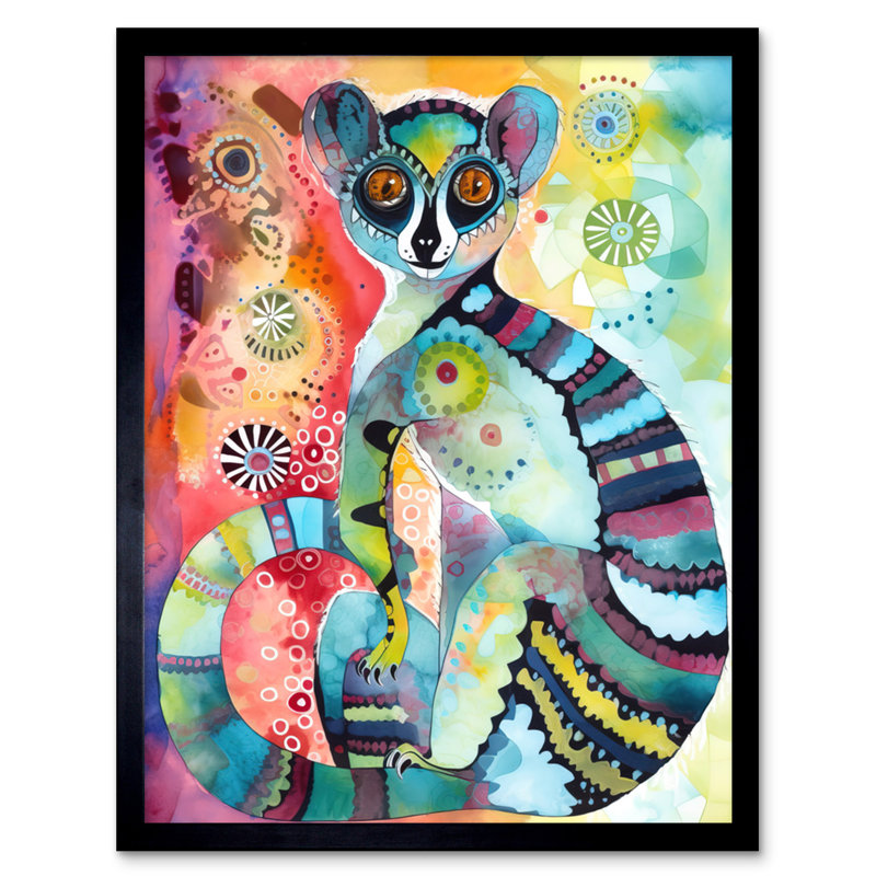 Striped Ring-Tailed Lemur Multicoloured Folk Art Watercolour Painting Artwork Framed Wall Art Print 9X7 Inch