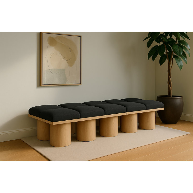 Banc rembourré Husnan, H 17,5 po x l 90 po x P 31 po, Naturel, Tissu bouclé noir