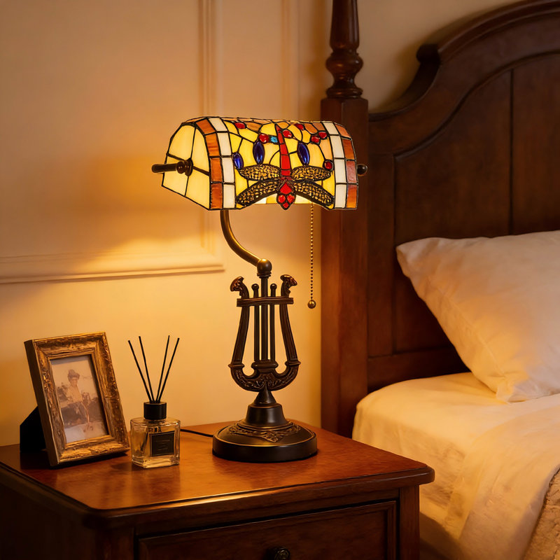 14" Vintage Tiffany Bankers Lamp With Dragonfly Stained Glass Shade (Bulb Include)