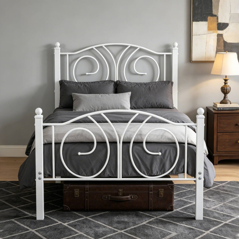 Base de lit plateforme simple en métal blanc avec tête de lit et pied de lit simple, rangement sous le lit de 12,6 po, aucun sommier tapissier requis