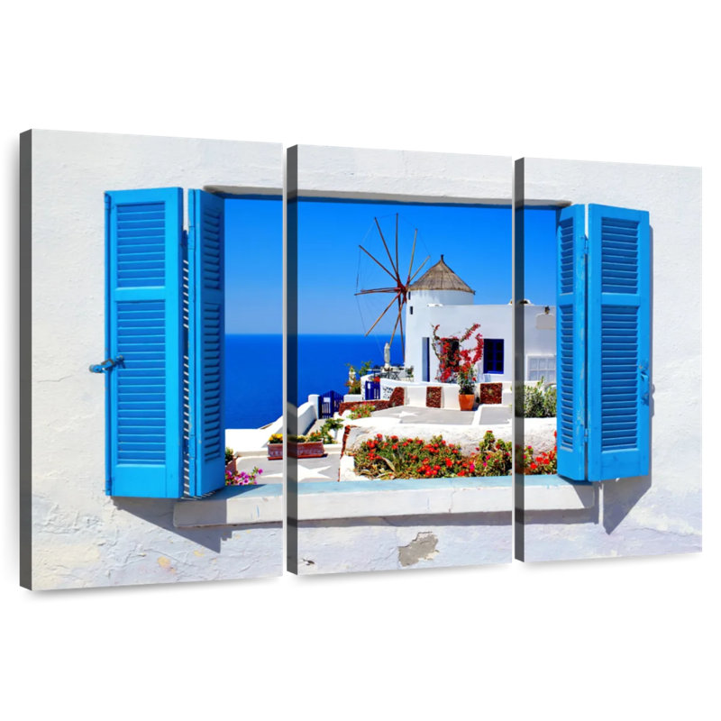 Sebbie Oia Windmill Window View, 42" H x 65" W