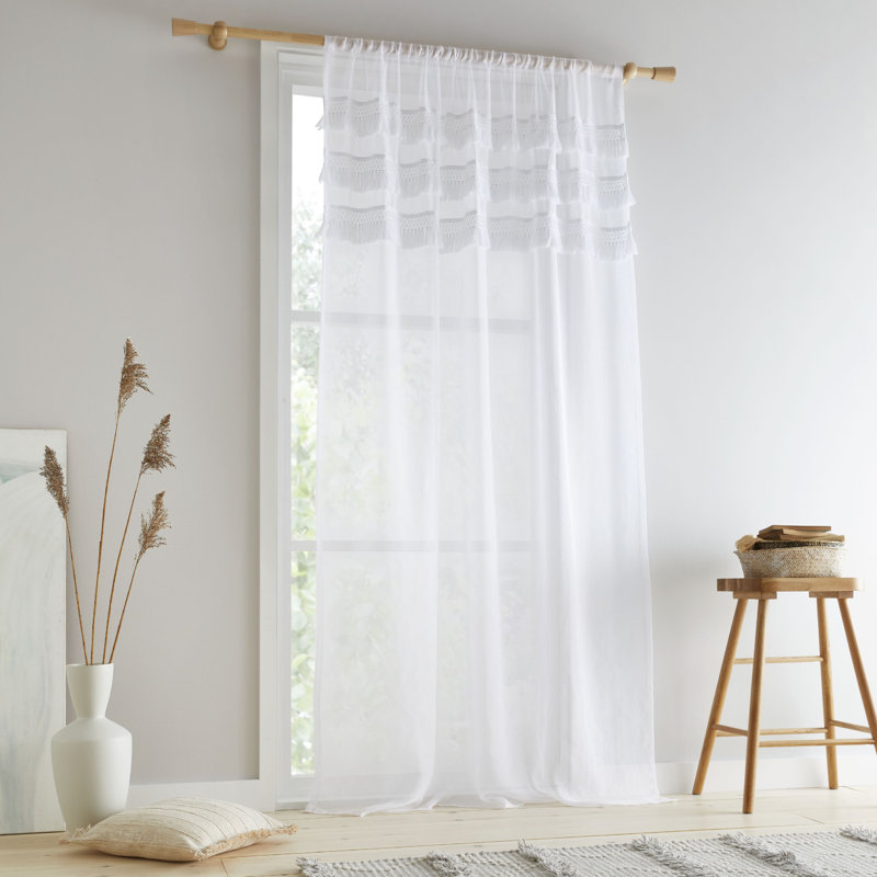 Izmir Tassel Voile Slot Top Panel Curtain, Stone Grey, 140 W x 183 D cm
