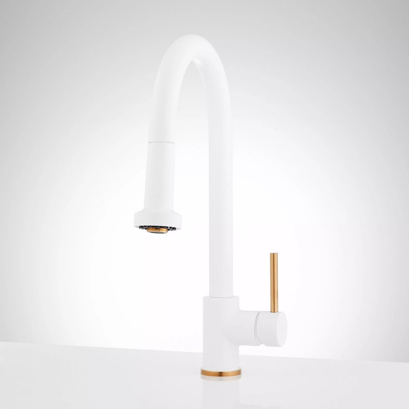 Matte White and Brushed Gold Single Handle Pull-Down Kitchen Faucet