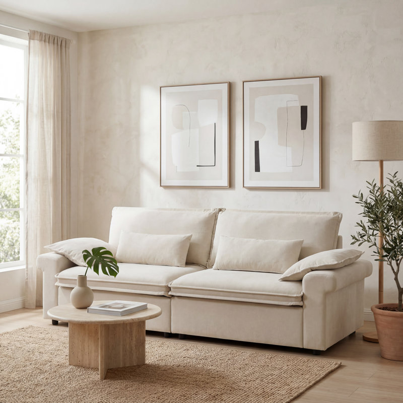 94” Living Room Sofa, Modern Sofa with Throw Pillows & Wide Arms, Beige